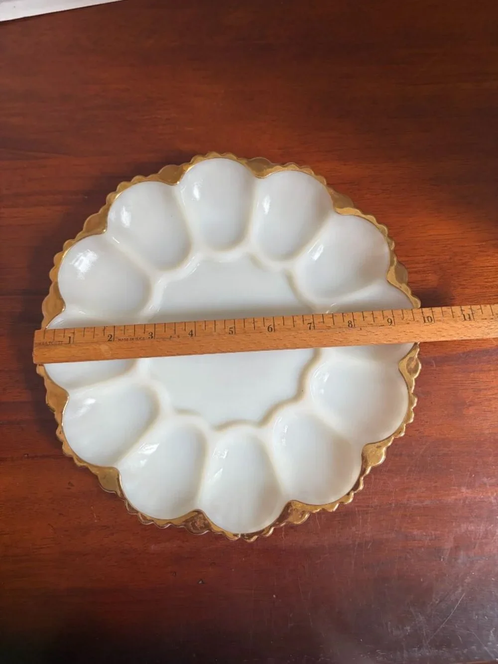 Milk Glass Deviled Egg Plate, 22 KT Gold Trim, 10